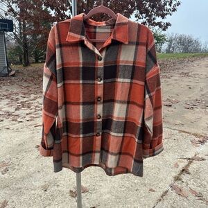 Shacket in pretty fall/winter colors. No tag, but I purchased at Maurices. XL